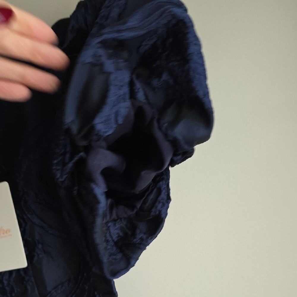 Navy Jacquard Mini Dress with Bow Accents - Picture 13 of 15